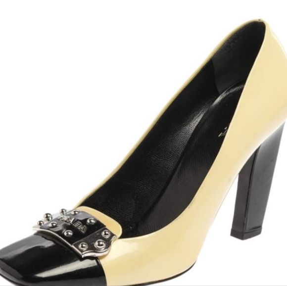 Prada Yellow/Black Patent Leather Logo Silver Plaque Square Toe Pumps Size 37 - Picture 4 of 8